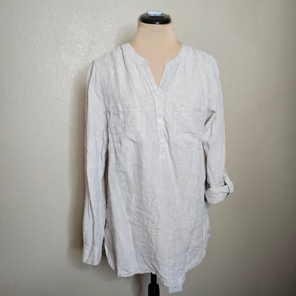 Talbots Tops - Talbots Medium Natural Beige 100% Linen Roll Tab Sleeve Button Hem Tunic Top
